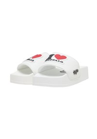 Sandales à plateforme blanches avec texte "I love Buffalo" noir et rouge sur les brides et logo Buffalo en métal sur le côté.