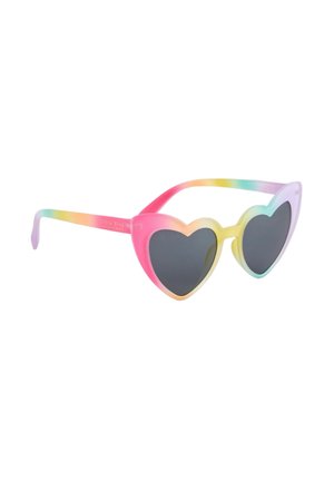 Heart-shaped sunglasses with black lenses and a pastel rainbow-colored frame.