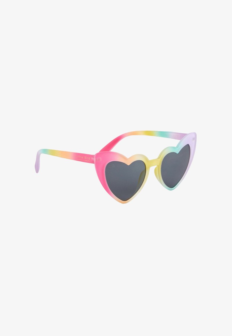 Lunettes de soleil en forme de cœur avec des verres noirs et une monture aux couleurs pastel arc-en-ciel.