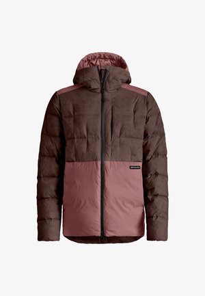 Brown puffer jacket with a hood, featuring a pink lower panel and horizontal stitching. Zippered front and branded patch on the left side.