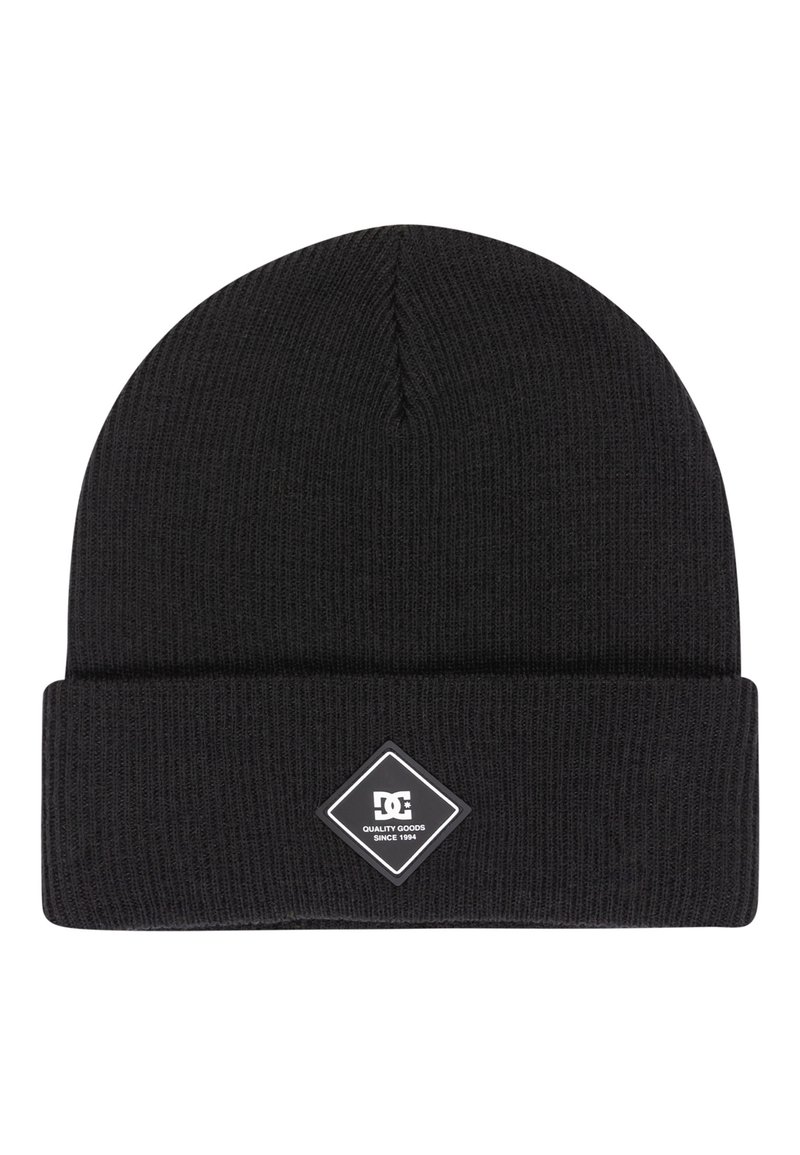 Black knit beanie with a folded cuff. Features a diamond logo patch. Texture is ribbed, and material appears soft and stretchy.