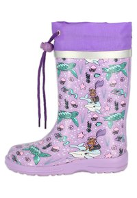Botte de pluie en caoutchouc violet ornée de motifs marins, comprenant des tortues, des dauphins et des méduses, avec un cordon de serrage en haut et une texture lisse.