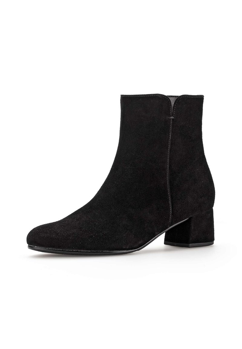 Black suede ankle boots with a square toe, low block heel, and a smooth zipper detail along the back. Features a soft, textured finish.