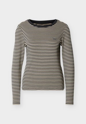 Bluză cu mâneci lungi, cu dungi orizontale negre și bej, cu decolteu rotund și logo mic Levi's pe partea stângă a pieptului.