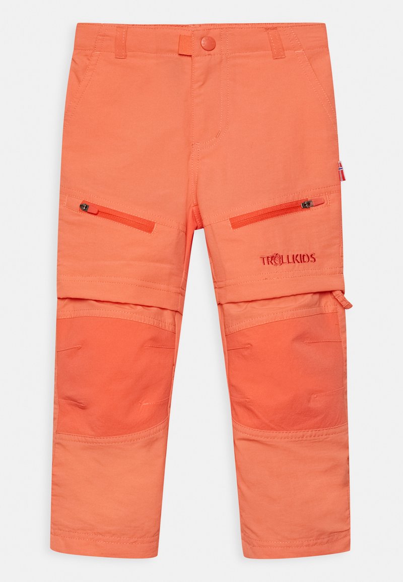Pantalons d'extérieur orange avec poches zippées, genoux renforcés et accents cousus. Fabriqués à partir d'un tissu durable, adaptés aux activités sportives.