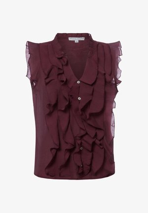 Ärmellose dunkelviolette Bluse mit gerafftem Vorderteil und Kragen, halbtransparentem Stoff und kleinen weißen Knöpfen in der Mitte.