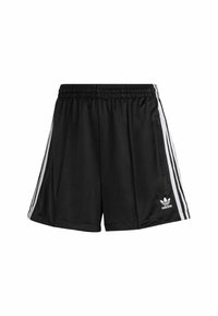 Černé sportovní šortky s volným střihem, elastickým pasem, kapsou na zip a třemi bílými pruhy po stranách. Bílé logo Adidas.
