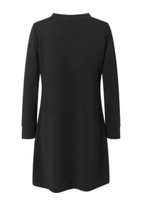 Black long-sleeve tunic dress with a straight hem and round neckline, shown from the back on a white background.
