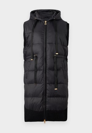 Black sleeveless puffer vest with a hood, featuring a front zipper and gold hardware accents, and a ribbed black knitted bottom.