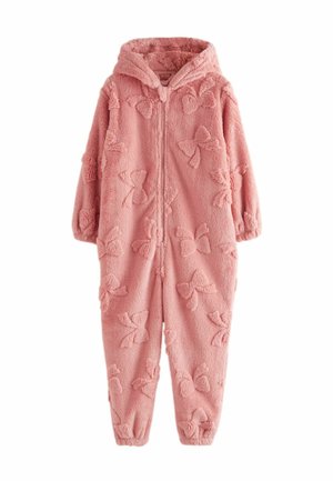 Grenouillère en polaire rose avec capuche, présentant une texture douce et un motif de nœuds. Fermeture éclair à l'avant et poignets élastiqués pour un ajustement optimal.