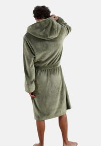 Olive green hooded bathrobe made of soft, plush fabric, featuring a tie belt and long sleeves. Simple, relaxed design with no patterns.