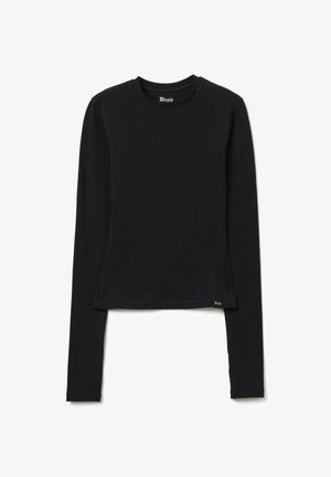 Top negro de manga larga hecho de algodón suave. Presenta un escote redondeado, mangas ajustadas y un dobladillo corto con una pequeña etiqueta de logo en el lateral.