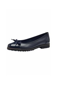 Ballerine blu navy con punta in vernice lucida e corpo in pelle opaca. Presentano un piccolo fiocco decorativo sulla punta e una suola in gomma testurizzata.