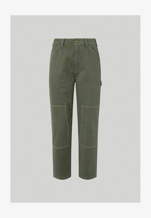 Pantalons cargo vert olive avec une coupe droite, dotés de poches à rabat, de coutures contrastées et d'une fermeture à bouton à la taille.