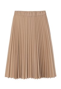 Plissé rok gemaakt van zachte beige stof; heeft een elastische tailleband en een vloeiende ontwerp met smalle, gelijkmatige plooien door het hele kledingstuk.