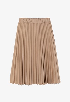 Plygta sijonas, pagamintas iš minkštos smėlinės spalvos medžiagos; turi elastingą juosmenį ir laisvą dizainą su siaurais, tolygiais klostėmis visame sijone.