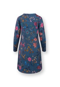 Floral-printed dress in dark blue fabric; features long sleeves, round neckline, and colorful embroidered flowers in various sizes and shapes.