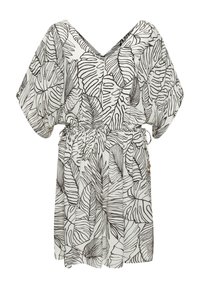 Schwarzes und weißes Kleid mit Blattmuster, V-Ausschnitt, kurzen Ärmeln und verstellbarem Kordelzug in der Taille. Hergestellt aus leichtem Stoff.