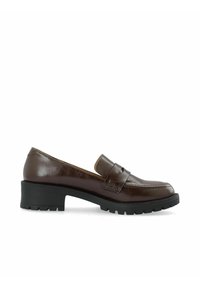 Bruine leren instap-schoen met een blokhak en rubberen zool. Heeft een decoratieve band over de wreef en een ronde neus.