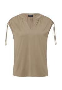 Haut beige à manches courtes avec un décolleté en V, des épaules froncées et des accents à cordon. Tissu lisse avec une coupe décontractée.