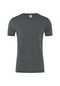 Mørkegrå T-shirt med kort ærme lavet af blødt, let materiale; har en rund halsudskæring og en enkel, klassisk pasform.