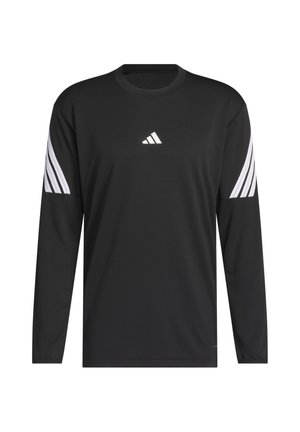 Zwarte longsleeve gemaakt van vochtregulerende stof. Voorzien van een wit Adidas-logo op de borst en drie witte strepen op elke mouw.