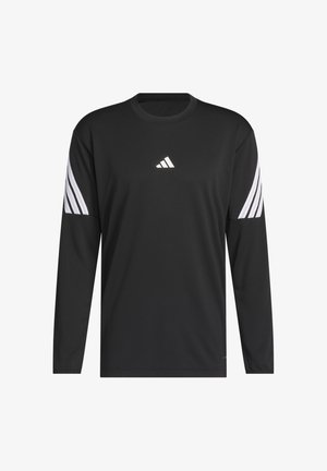 Zwarte longsleeve gemaakt van vochtregulerende stof. Voorzien van een wit Adidas-logo op de borst en drie witte strepen op elke mouw.