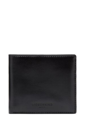 Czarny, dwuczęściowy portfel ze skóry o gładkiej fakturze. Charakteryzuje się dyskretnym szyciem oraz tłoczonym logo z przodu. Kompaktowy, prostokątny kształt.