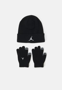 Black knit beanie with a fold and white Jordan logo; matching black gloves featuring gray accents and logo on wrist.