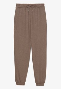 Pantalon de survêtement marron à taille élastique avec cordon de serrage et poignets élastiques, posé à plat sur un fond blanc.