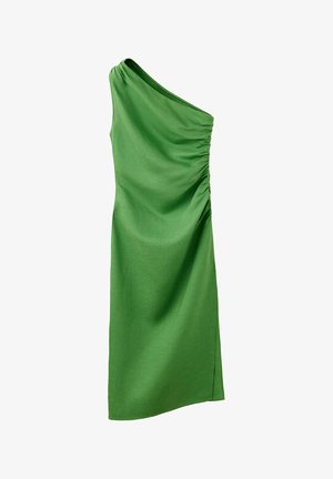 Groene one-shoulder jurk met geplooid detail aan de zijkant en een slank, midi-lang silhouet.