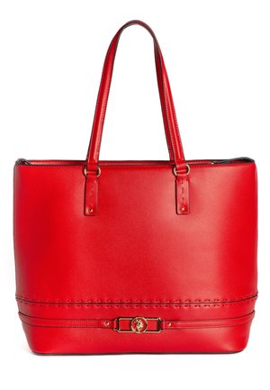 Borsa tote in pelle rossa con doppi manici, design elegante, texture stampata, accessori in oro e cuciture decorative lungo la base.