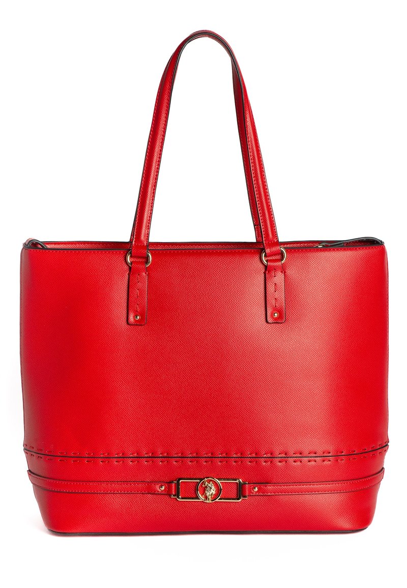Borsa tote in pelle rossa con doppi manici, design elegante, texture stampata, accessori in oro e cuciture decorative lungo la base.