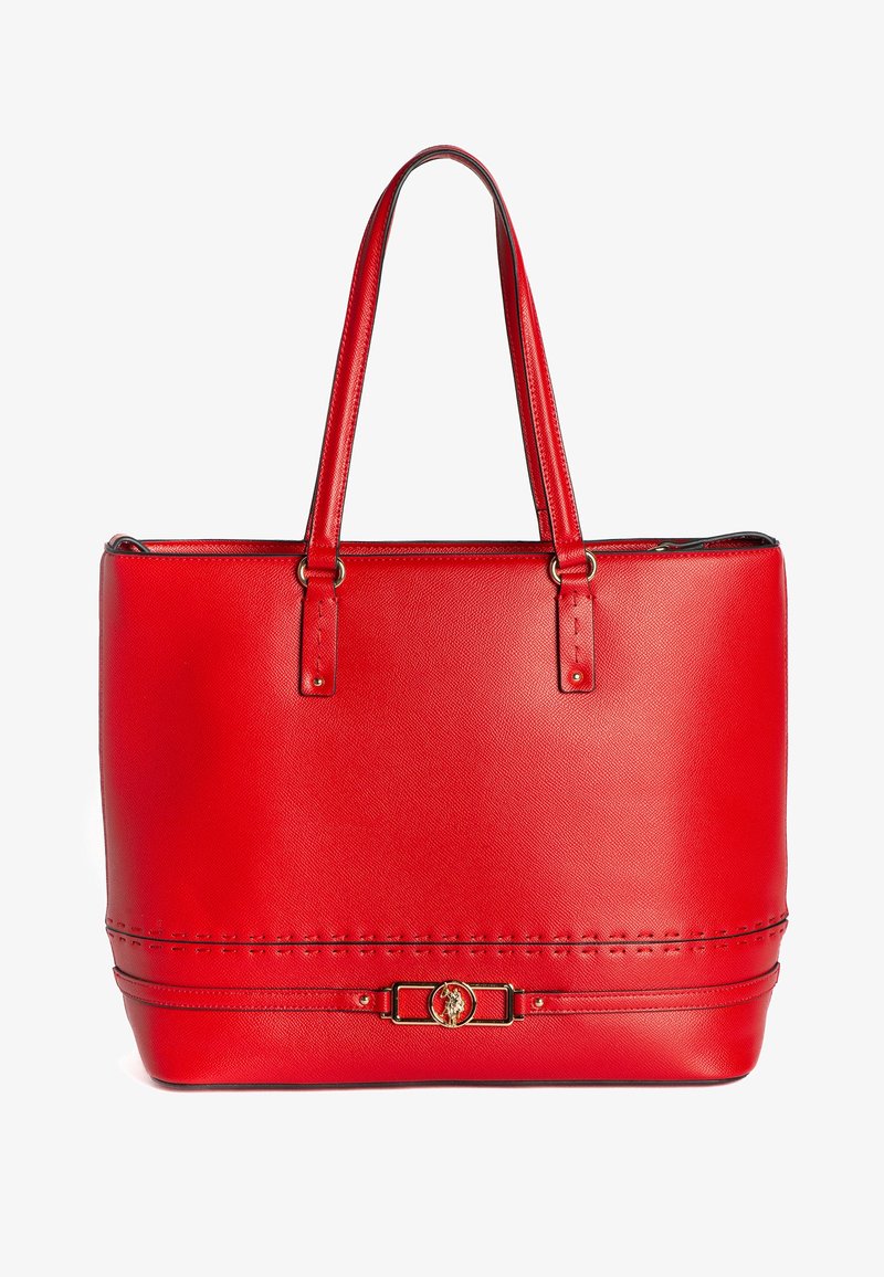 Rød læder tote taske med dobbelte håndtag, slankt design, præget tekstur, guld hardware accent og dekorativ syning langs bunden.
