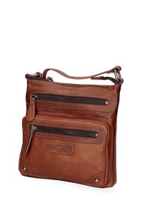 Borsa a tracolla in pelle marrone con due tasche con zip, dettagli cuciti e una tracolla staccabile. Presenta un'etichetta con logo sul davanti.