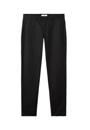 Zwarte broek gemaakt van katoen met een gladde textuur, met een standaard taille, riemlussen, twee zijzakken en een knoopsluiting.