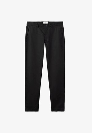 Pantaloni neri in cotone con una texture liscia, dotati di vita standard, passanti per cintura, due tasche laterali e chiusura con bottone.