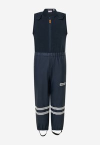 Salopettes imperméables bleu marine pour enfants avec haut polaire sans manches, fermeture éclair à l'avant, bandes réfléchissantes sur les jambes et bretelles élastiques aux pieds.