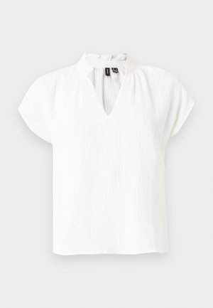 White short-sleeve blouse with a textured fabric, V-neck opening, and a small ruffled collar detail.