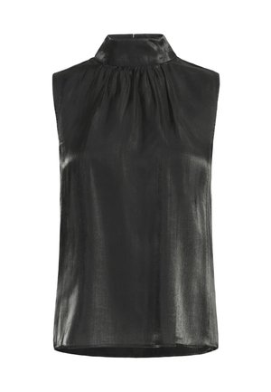 Blouse sans manches en satin noir avec col montant froncé et coupe ample.