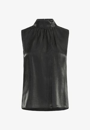 Blusa sin mangas de satén negro con cuello alto fruncido y ajuste holgado.