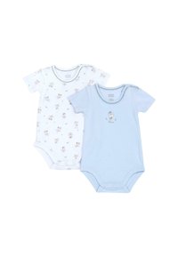 Deux bodies pour bébé : l'un blanc avec un petit imprimé d'animaux bruns, l'autre bleu clair avec un animal brodé et des accents verts. Matière en coton.