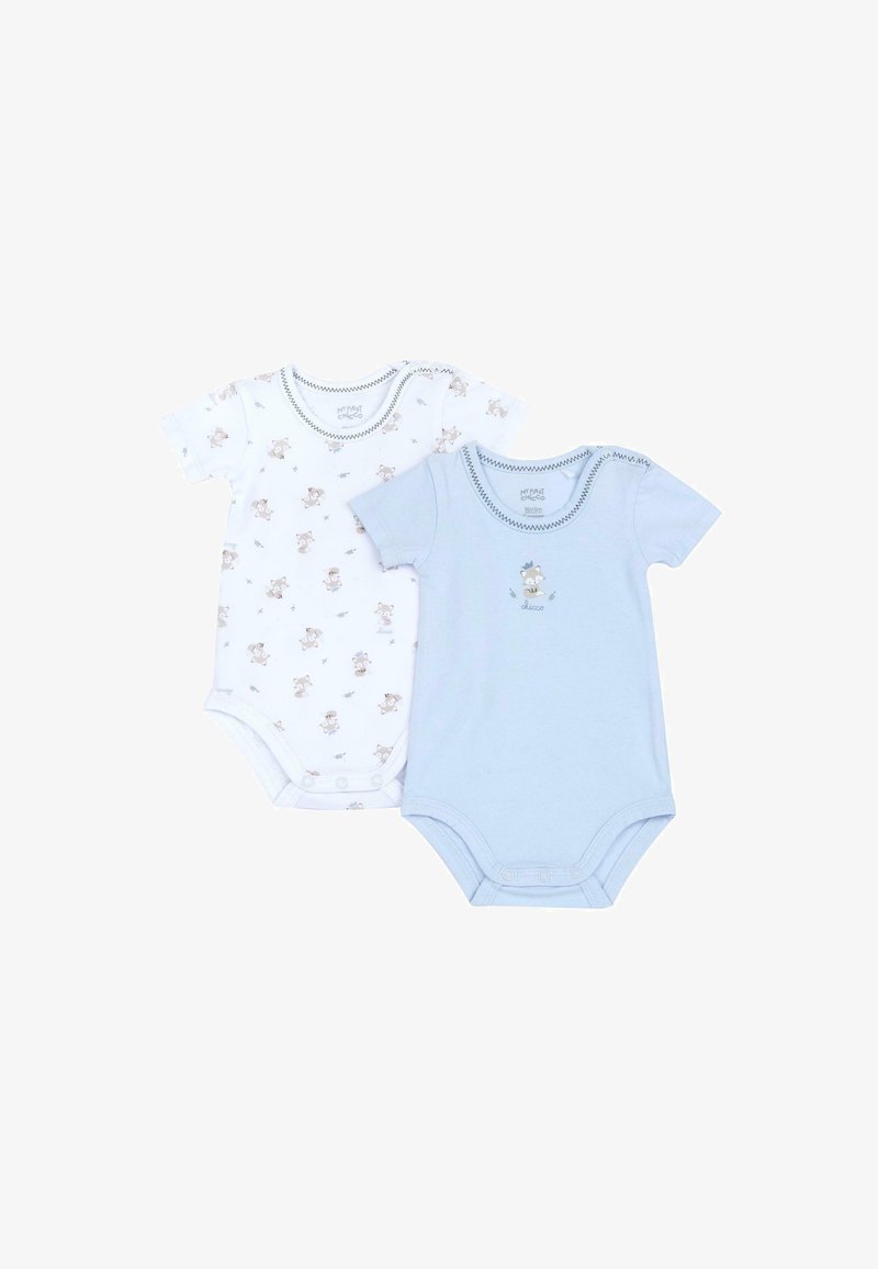 Deux bodies pour bébé : l'un blanc avec un petit imprimé d'animaux bruns, l'autre bleu clair avec un animal brodé et des accents verts. Matière en coton.