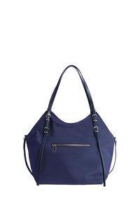 Bolso de mano de color azul marino con textura suave, diseño curvado, dos asas largas y un bolsillo frontal con cremallera. Presenta herrajes para correa ajustable.