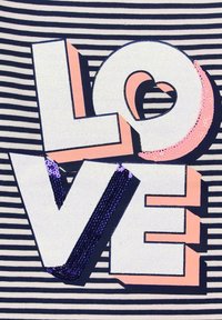 Text-based design featuring the word "LOVE" in bold, multi-colored letters. The background has alternating navy and white stripes.