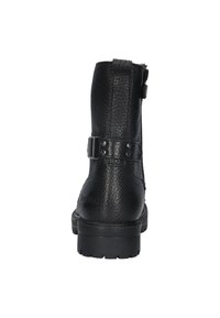 Zwarte leren enkelboot met een gestructureerde afwerking, zijritssluiting en een stevige rubberen zool. Voorzien van een decoratieve band met studaccenten.