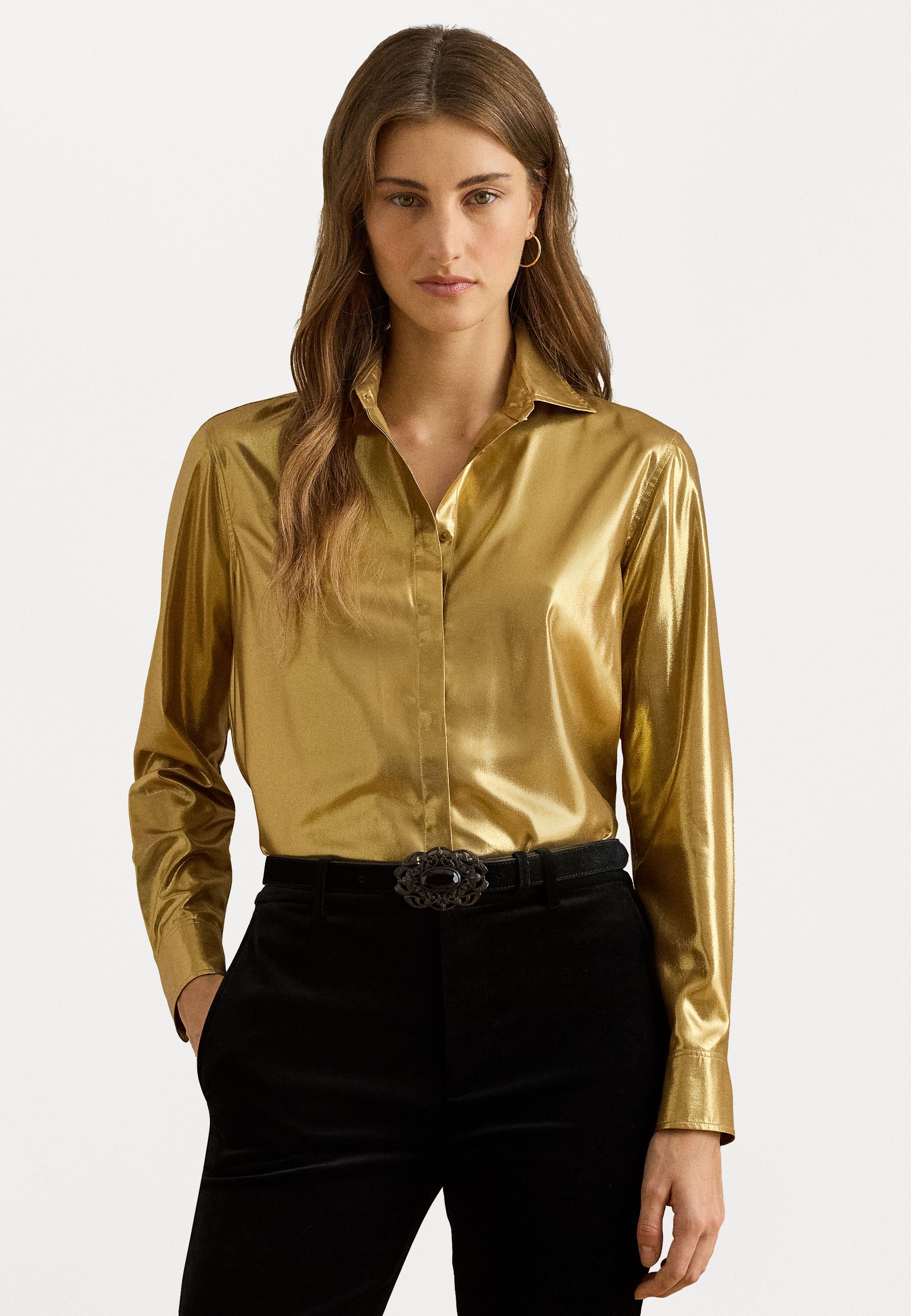 Lauren Ralph Lauren KRISTY CLASSIC FIT METALLIC SHIRT - Button-down blouse  - gold-coloured - Zalando.ie