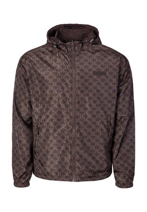 Chaqueta marrón con capucha, cierre frontal con cremallera y patrón geométrico, puños elásticos y bolsillos laterales con cremallera.