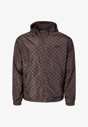 Giacca marrone con cappuccio, zip frontale e motivo geometrico, polsini elasticizzati e tasche laterali con zip.