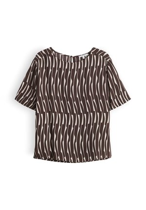 Brown and white short-sleeve blouse with wavy vertical stripes and a round neckline, laid flat on a white background.